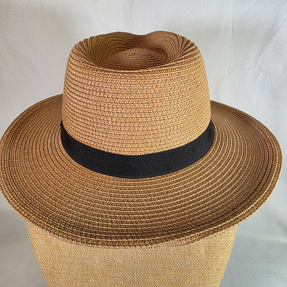 Solar Escape Tan Women's Fedora Straw Sun Hat Black Ribbon Band Boho Adjustable - Picture 3 of 8